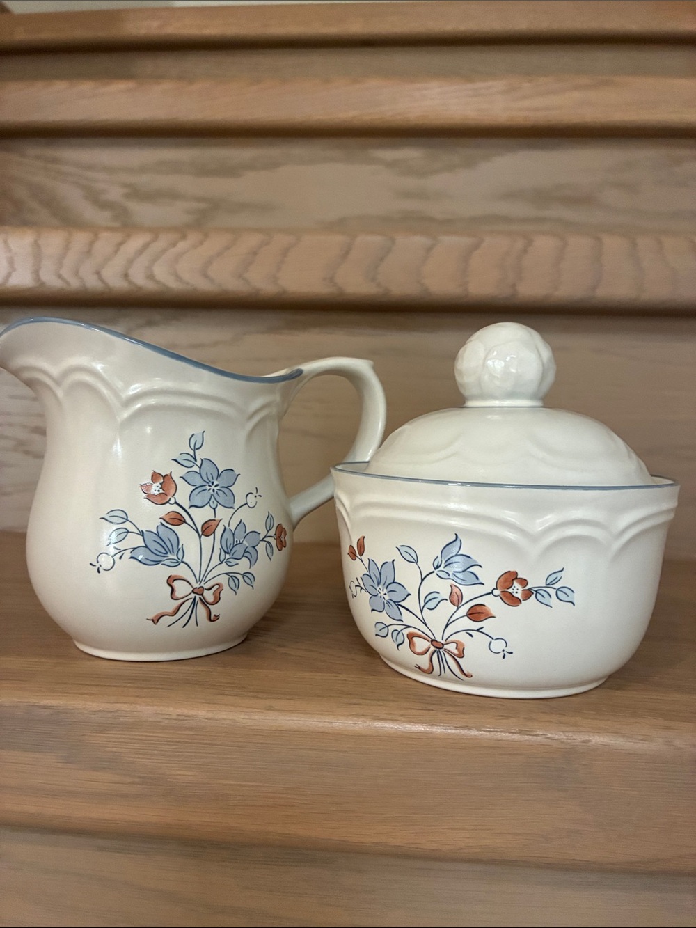 Vintage Cordella Stoneware Creamer & Covered Sugar Bowl in Bluet Pattern